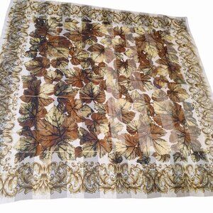 Autumn Scarf Wrap Handkerchief Leaf Gold Square Vintage Lightweight Sheer Fabric